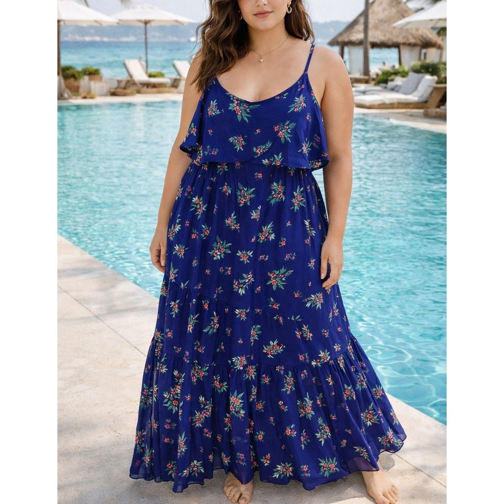Peyton &‎ Parker 1X Blue Floral Maxi Dress Resort Romantic Feminine Girl Era XXL